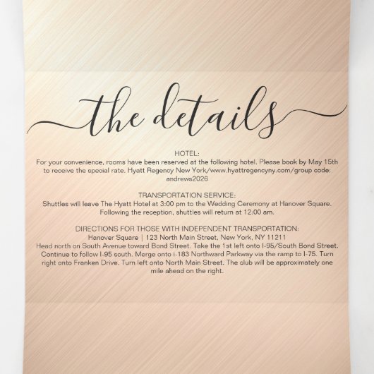 Champagne Gold Glitter Metal Registry Details RSVP Drieluik Uitnodiging (Binnenkant midden)