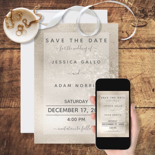 Champagne Gold Glitter Modern Save the Date Kaart