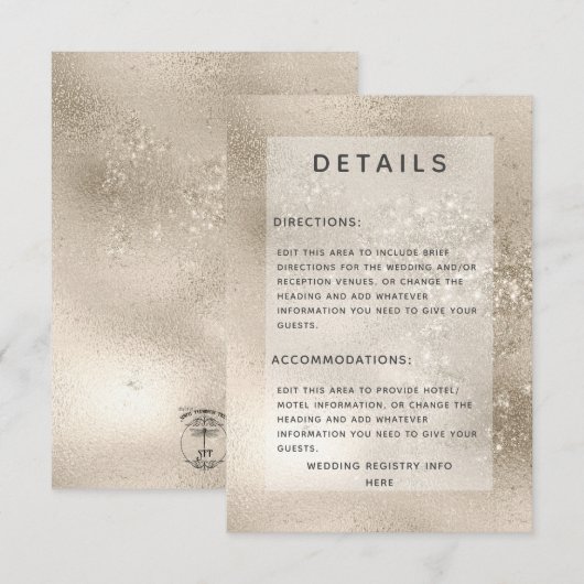 Champagne Gold Glitter Moderne bruiloft Details Informatiekaartje (Voorkant / Achterkant)