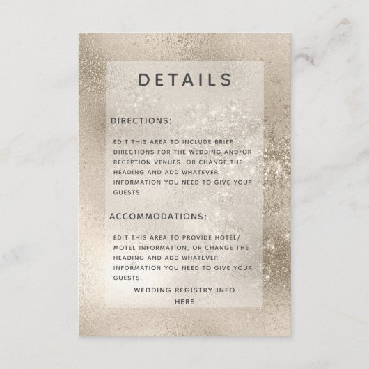 Champagne Gold Glitter Moderne bruiloft Details Informatiekaartje (Voorkant)