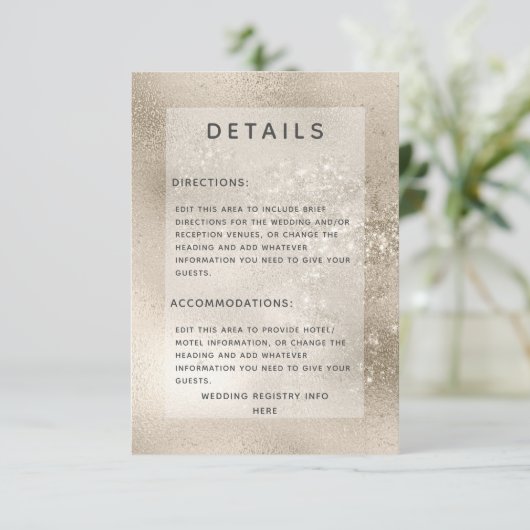 Champagne Gold Glitter Moderne bruiloft Details Informatiekaartje (Staand voorkant)