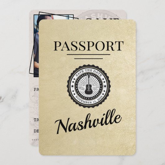 Champagne Gold Nashville Passport Bewaar de datum Save The Date (Voorkant / Achterkant)