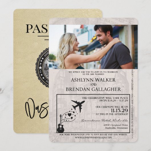 Champagne Gold Nashville Passport Wedding Kaart (Voorkant / Achterkant)