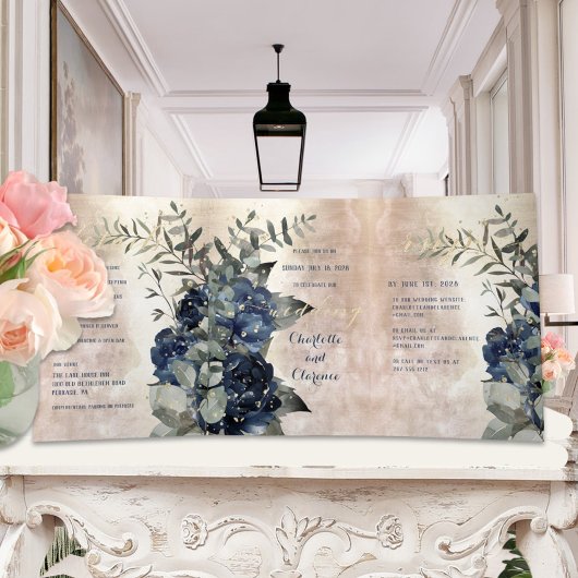 Champagne Gold Navy Blue Peony Eucalyptus Wedding Drieluik Uitnodiging