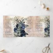 Champagne Gold Navy Blue Peony Eucalyptus Wedding Drieluik Uitnodiging (Binnen)