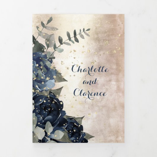 Champagne Gold Navy Blue Peony Eucalyptus Wedding Drieluik Uitnodiging (Cover)