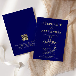 Champagne Gold Navy Blue QR Code Weddenschap Kaart