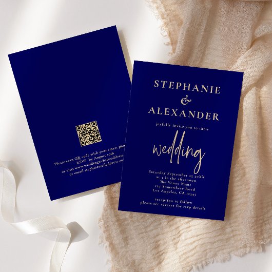 Champagne Gold Navy Blue QR Code Weddenschap Kaart