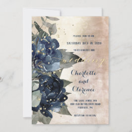 Champagne Gold Navy Peony Eucalyptus Wedding Kaart
