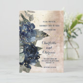 Champagne Gold Navy Peony Eucalyptus Wedding Kaart (Staand voorkant)