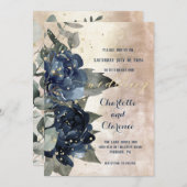 Champagne Gold Navy Peony Eucalyptus Wedding Kaart (Voorkant / Achterkant)