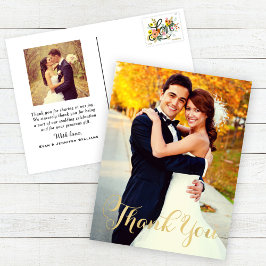Champagne Gold Script Weduwfoto Hartelijk dank Briefkaart