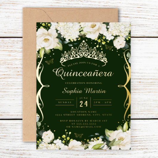Champagne Gold Smaragd Bloemenrol Quinceanera Folie Uitnodiging