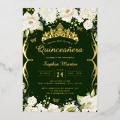 Champagne Gold Smaragd Bloemenrol Quinceanera Folie Uitnodiging (Voorkant)