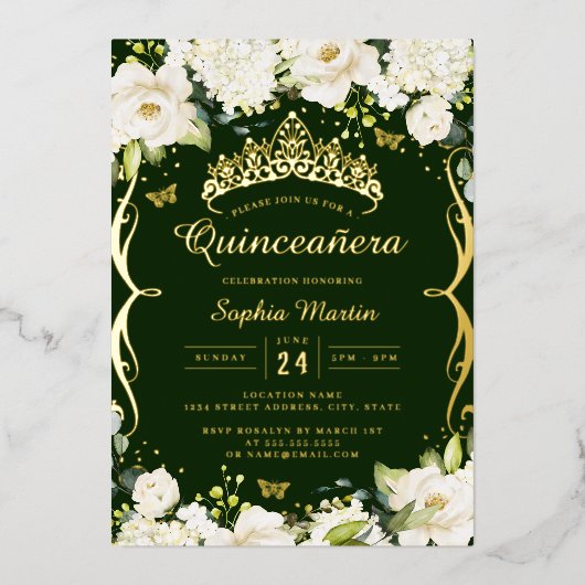 Champagne Gold Smaragd Bloemenrol Quinceanera Folie Uitnodiging (Voorkant)