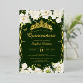 Champagne Gold Smaragd Bloemenrol Quinceanera Folie Uitnodiging (Staand Voorkant)