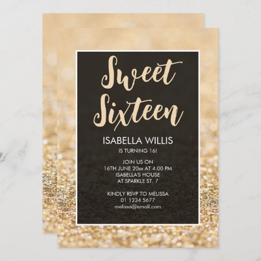 Champagne Gold sparkles Sweet 16 elegant script Kaart (Voorkant / Achterkant)