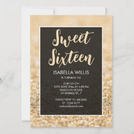 Champagne Gold sparkles Sweet 16 elegant script Kaart