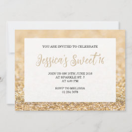 Champagne Gold sparkles Sweet 16 elegant script Kaart