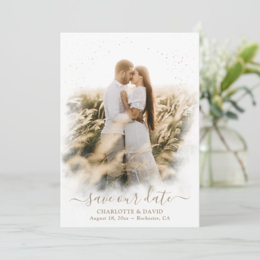 Champagne Gold Wedding Photo Save Our Date Kaart (Staand voorkant)