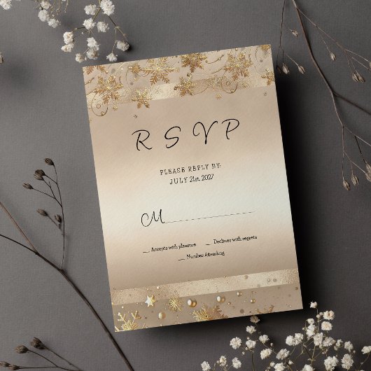 Champagne Golden Snowflakes Luxury RSVP Kaart