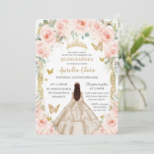 Champagne  Goud Blush Bloemen Quinceañera Kaart (Staand voorkant)