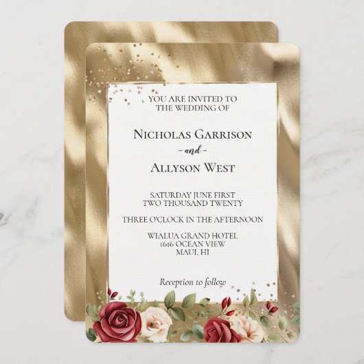 Champagne Goud Glam Cream Rode Rozen Bruiloft Kaart (Voorkant / Achterkant)