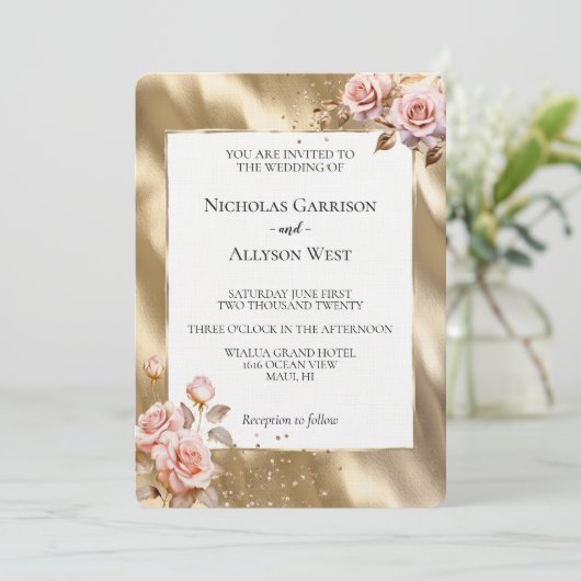 Champagne Goud Glam Roze Rozen Bruiloft Kaart (Staand voorkant)