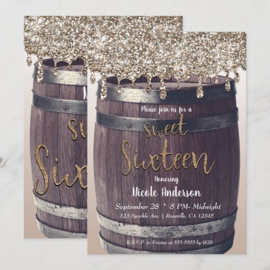 Champagne Goud Glitter Druipend Rusticaal Zoete 16 Kaart (Voorkant / Achterkant)