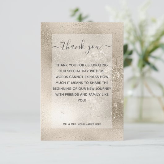 Champagne Goud Glitter Moderne Bruiloft Bedankkaart (Staand voorkant)