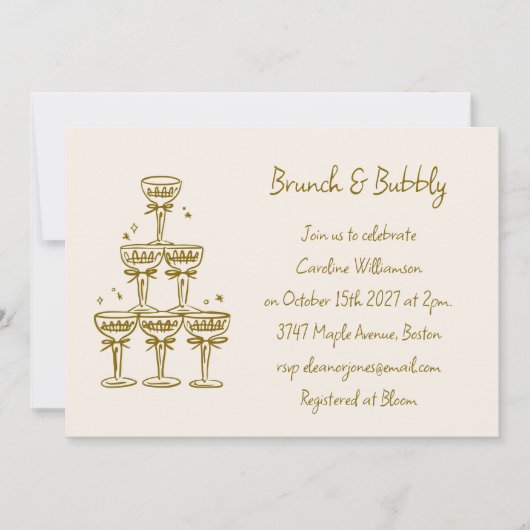 Champagne Goud Handgeschreven Brunch Bubbly Shower Kaart (Voorkant)