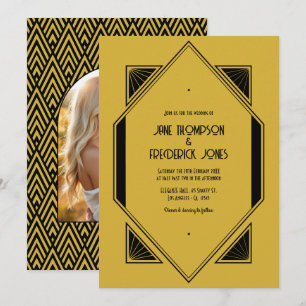 Champagne Goud & Noir Art Deco Trouwfoto Kaart