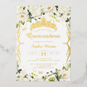 Champagne Goud Wit Bloemen Scroll Quinceanera Folie Uitnodiging (Voorkant)