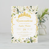 Champagne Goud Wit Bloemen Scroll Quinceanera Folie Uitnodiging (Staand Voorkant)