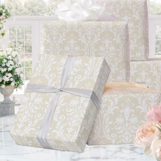 Champagne Goud Wit Damast Elegant Huwelijk Cadeaupapier