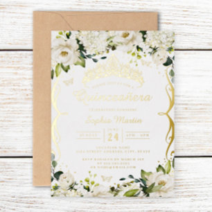 Champagne Goud Witte Bloemrijke Scroll Quinceanera Folie Uitnodiging