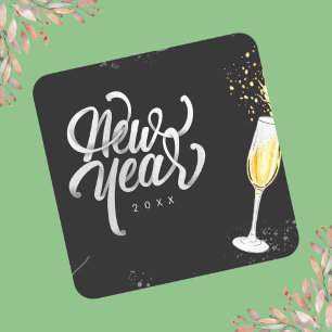 Champagne Goud Zwart Wijn Glas Confetti Modern Vierkante Sticker