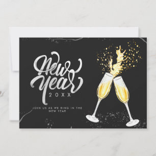 Champagne Goud Zwarte Wijn Glas Confetti Modern Feestdagenkaart