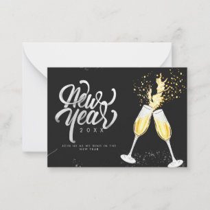 Champagne Goud Zwarte Wijn Glas Confetti Modern Notitiekaartje