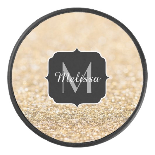 Champagne goudbollen monogram hockey puck (Voorkant)