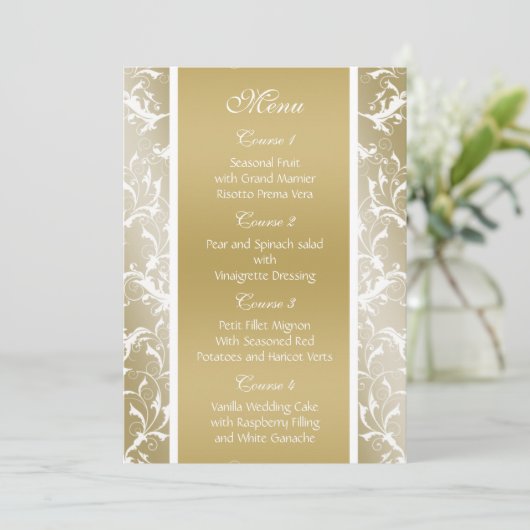 Champagne gouden barok bruiloft menu (Staand voorkant)