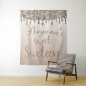 Champagne Gouden Glitter Drip Glam Sweet 16 Achter Wandkleed (In situ)