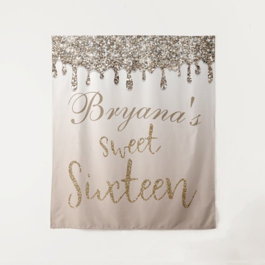 Champagne Gouden Glitter Drip Glam Sweet 16 Achter Wandkleed (Voorkant)
