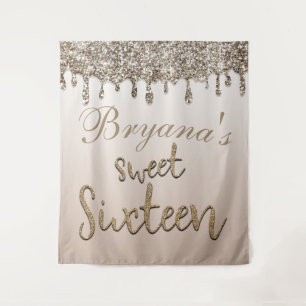 Champagne Gouden Glitter Drip Glam Sweet 16 Achter Wandkleed