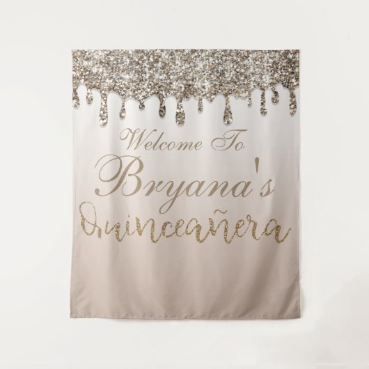 Champagne Gouden Glitter Drip Quinceañera Achtergr Wandkleed (Voorkant)