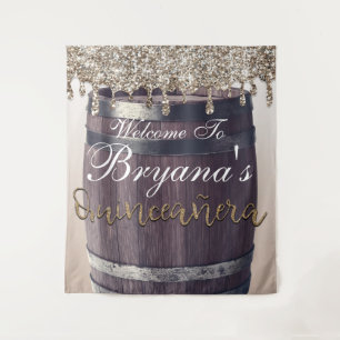 Champagne Gouden Glitter Drip Rustieke Quinceañera Wandkleed
