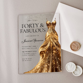 Champagne Gouden Jurk Veertig & Fabulous 40e Verja Acryl Uitnodigingen