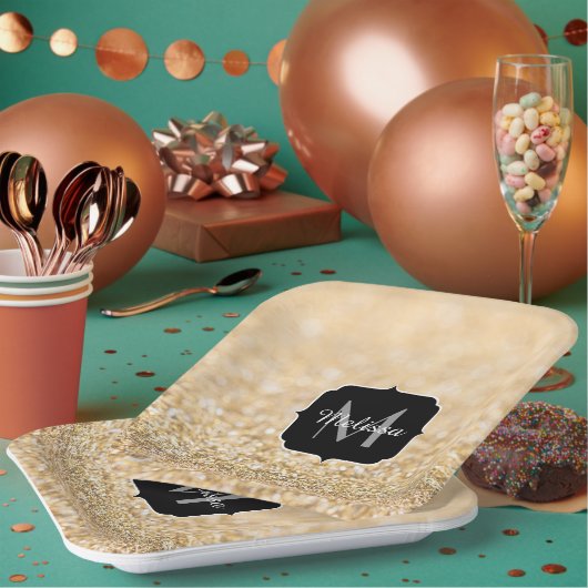Champagne gouden nepschittering glinstert Monogram Papieren Bordje (Multi)