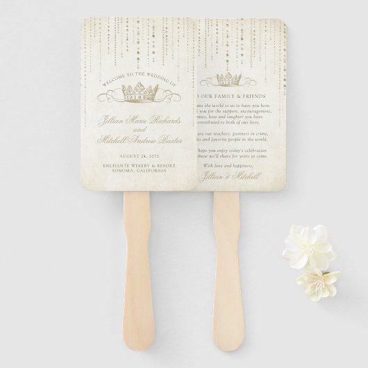 Champagne gouden sprookje kroon dank u aandenken handwaaier (Voorkant en achterkant)