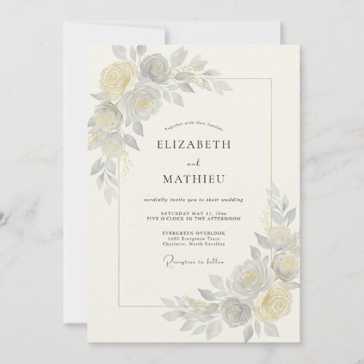 Champagne Grijs Ranunculus Eucalyptus Bruiloft Kaart (Voorkant)
